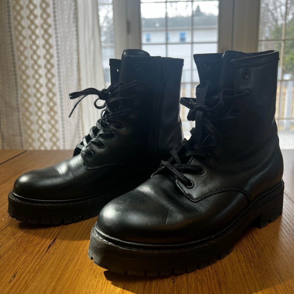 Thursday Boot Company Black Leather Lug-Sole Combat Boots with Side Zip - Picture 6 of 7
